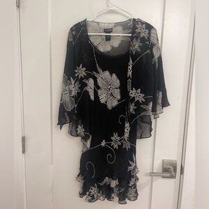 Vintage Beaded Whimseygoth Fairycore Black Mini Dress Frills Black Floral